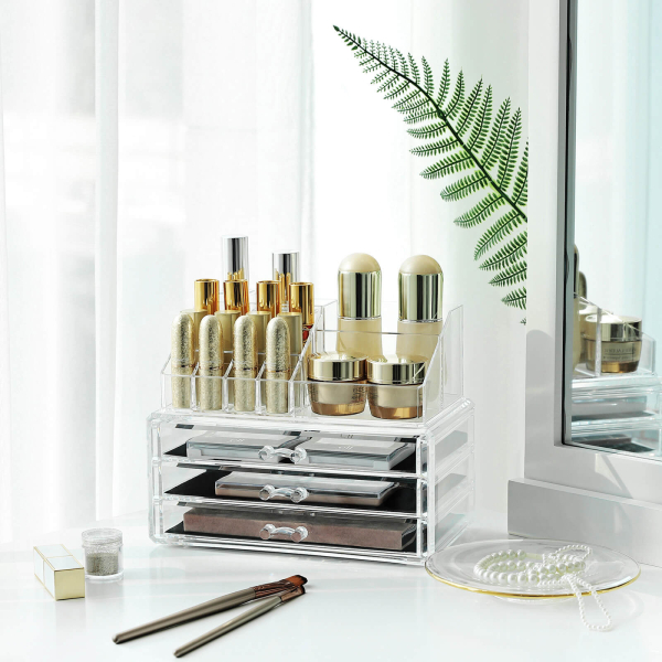 Organizador de maquiagem SONGMICS, conjunto de 2 peças, caixa de maquiagem, organizador de cosméticos com 3 gavetas e 15 compartimentos diversos, para batons, pincéis, transparente JKA002TP - Image 3