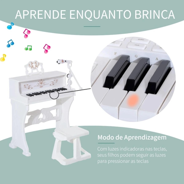 HOMCOM Piano Elétrico Infantil de 37 Teclas Conjunto de Piano com Microfone Banco Luzes e 22 Canções USB/MP3/Bluetooth Karaokê 53,5x27x63cm Branco - Image 5