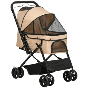 PawHut Carrinho para Animais de Estimação Dobrável com Cesta de Armazenamento Cinto de Segurança 76,5x52x95 cm Marrom Claro