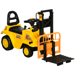 HOMCOM Carro Andador Empilhadeira Elevatória de Brinquedo com Forquilha Móvel e Assento com Armazenamento 86x27,5x47,5cm Amarelo