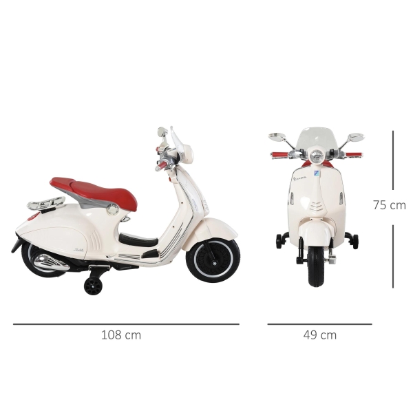 HOMCOM Mota Elétrica Vespa com Faróis Música 2 Rodas Auxiliares para Crianças acima de 3 Anos 108x49x75 cm Branco - Image 3