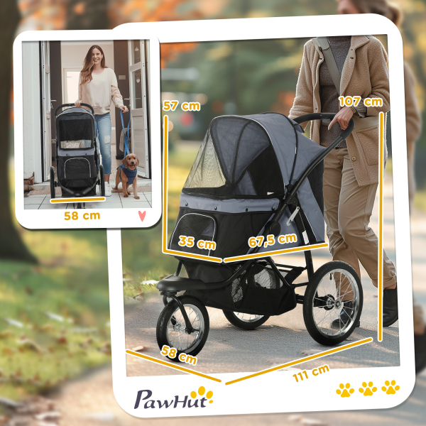 PawHut Carrinho para Cães Dobrável para Cães Médios e Pequenos com Cesta de Armazenamento Capota Ajustável 111x58x107 cm Cinza - Image 3