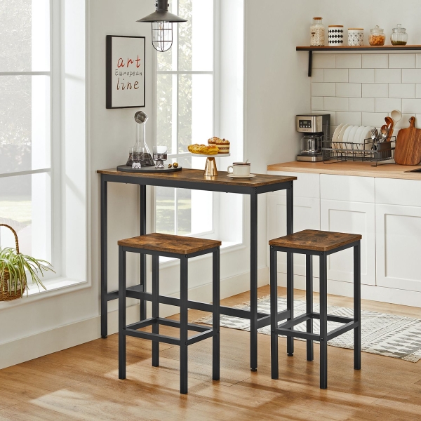 Conjunto de mesa de jantar VASAGLE, conjunto de mesa de bar e bancos, mesa de café da manhã com dois bancos, estrutura de aço industrial, marrom rústico e preto LBT218B01 - Image 2