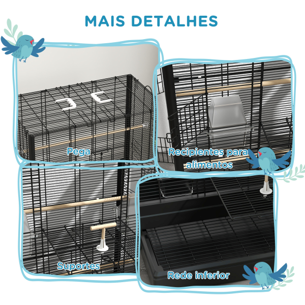 PawHut Gaiola para Pássaros 61x36,5x98 cm com Portas Poleiros Bandeja Removível e Alças para Canários Periquitos Preto - Image 7