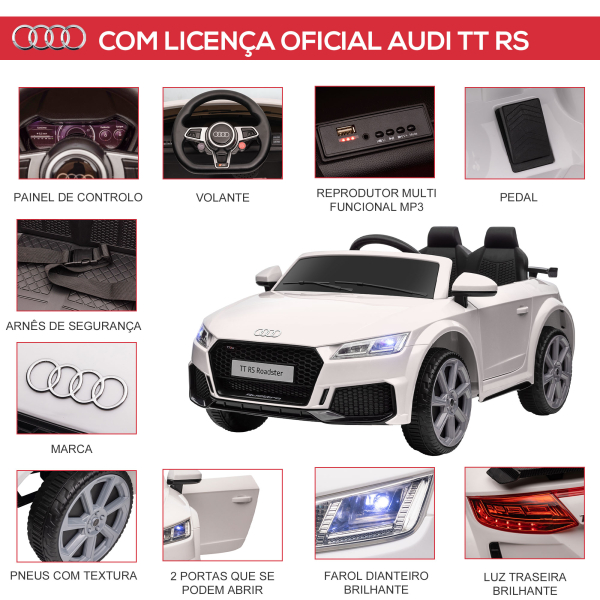 HOMCOM Carro Elétrico Audi TT para Crianças acima de 3 Anos com Controlo Remoto Música e Luzes Bateria 12V 102x60x44 cm Branco - Image 4