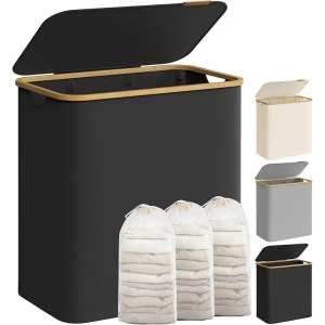 Cesto de roupa suja SONGMICS com tampa, cesto grande para roupa suja de 3 seções, 150 L, forro de malha removível, tecido Oxford, alças de bambu, dobrável, 60 x 38,5 x 70,5 cm, tinta preta LCB515B01V1
