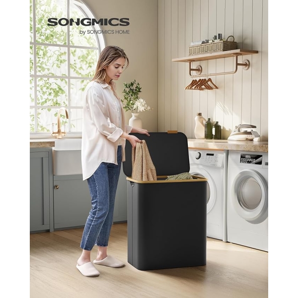 Cesto de roupa suja SONGMICS com tampa, cesto grande para roupa suja de 3 seções, 150 L, forro de malha removível, tecido Oxford, alças de bambu, dobrável, 60 x 38,5 x 70,5 cm, tinta preta LCB515B01V1 - Image 2