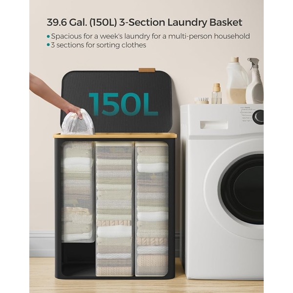 Cesto de roupa suja SONGMICS com tampa, cesto grande para roupa suja de 3 seções, 150 L, forro de malha removível, tecido Oxford, alças de bambu, dobrável, 60 x 38,5 x 70,5 cm, tinta preta LCB515B01V1 - Image 3