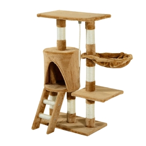 PawHut Árvore para gatos  com  Corda de Brincar Placa de Madeira e Revestido de Pêlo- Castanho - 30x55x96cm