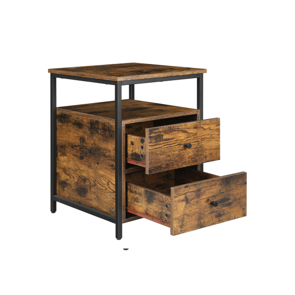 Mesa de cabeceira VASAGLE, mesa de cabeceira, mesa lateral, 45 x 45 x 60 cm, prateleira aberta, 2 gavetas, para sala de estar, quarto, industrial, marrom rústico e preto LET067B01 - Image 2
