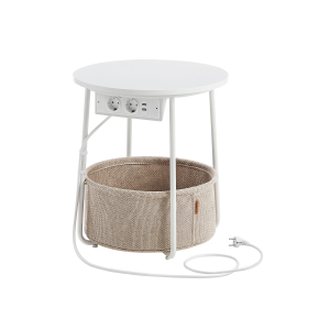 Mesa de apoio redonda com cesto têxtil e tomada integrada | VASAGLE | 45 x 45 x 50 cm | branco mate e castanho camel | LET228W02.