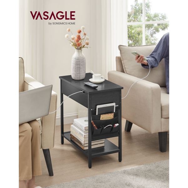 Mesa lateral VASAGLE com filtro de linha, mesa lateral estreita com portas USB, bolsas, criado-mudo, para sala de estar, quarto, efeito madeira preta LET311B56 - Image 2