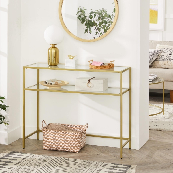 Mesa de Console VASAGLE, Mesa de Vidro Temperado, Sofá Moderno ou Mesa de Entrada, Estrutura de Metal, 2 Prateleiras, Pés Ajustáveis, para Sala de Estar, Corredor, Cor Dourada LGT025A01 - Image 3