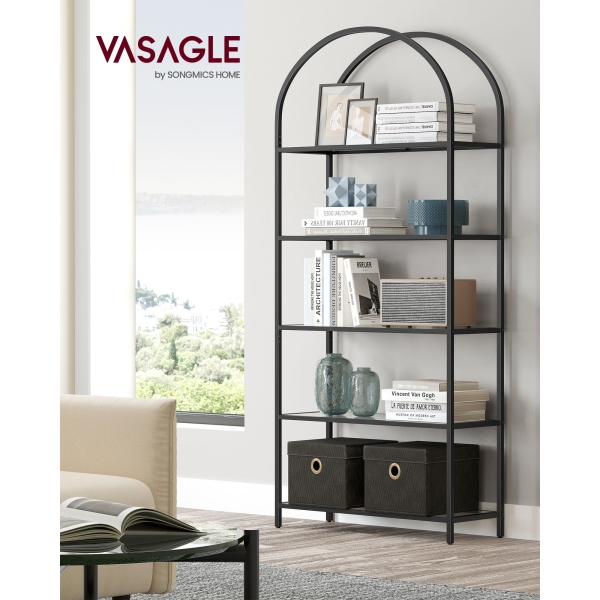 Prateleira VASAGLE de 5 níveis, estante de vidro temperado, design arqueado, estrutura de aço, para sala de estar, quarto, escritório e banheiro, preto e cinza LGT050G01 - Image 2