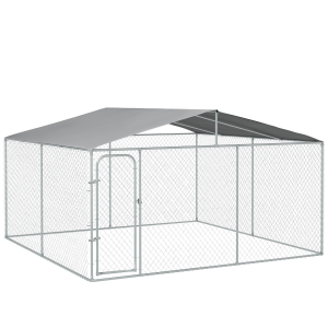 PawHut Canil de Exterior 4x4x2,3 cm com Toldo Anti-UV Recinto para Cães com Porta com Trava e Estrutura de Metal  Prata