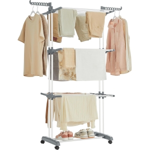 SONGMICS LLR701W01 Secador de Roupas Portátil com Rodas, 4 Níveis, Dobrável, 63,5 x 128 x 173 cm, Grande Capacidade, Fácil Montagem, Uso Interno e Externo, Branco
