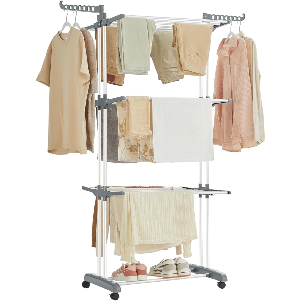SONGMICS LLR701W01 Secador de Roupas Portátil com Rodas, 4 Níveis, Dobrável, 63,5 x 128 x 173 cm, Grande Capacidade, Fácil Montagem, Uso Interno e Externo, Branco
