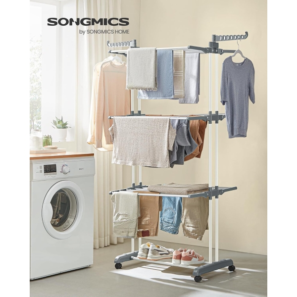 SONGMICS LLR701W01 Secador de Roupas Portátil com Rodas, 4 Níveis, Dobrável, 63,5 x 128 x 173 cm, Grande Capacidade, Fácil Montagem, Uso Interno e Externo, Branco - Image 2