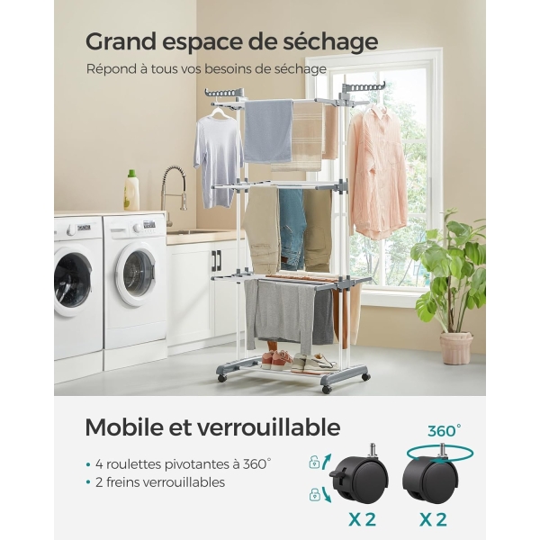 SONGMICS LLR701W01 Secador de Roupas Portátil com Rodas, 4 Níveis, Dobrável, 63,5 x 128 x 173 cm, Grande Capacidade, Fácil Montagem, Uso Interno e Externo, Branco - Image 3