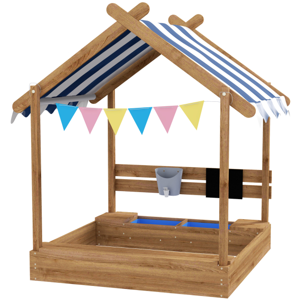 Outsunny Caixa de Areia para Crianças de Madeira com Toldo Torneira e Ardósia para Pátio Jardim 124x116x146 cm Castanho