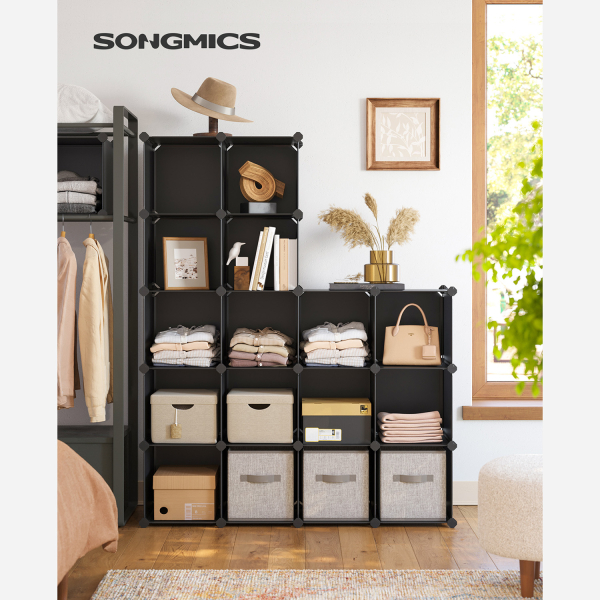 Unidade de armazenamento SONGMICS de 15 cubos, sapateira, sistema de prateleiras faça você mesmo, cubos empilháveis, prateleira de plástico PP, guarda-roupa, divisória de armário, para quarto, escritório, preto LPC44BK - Image 2