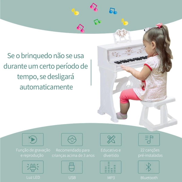 HOMCOM Piano Elétrico Infantil de 37 Teclas Conjunto de Piano com Microfone Banco Luzes e 22 Canções USB/MP3/Bluetooth Karaokê 53,5x27x63cm Branco - Image 4