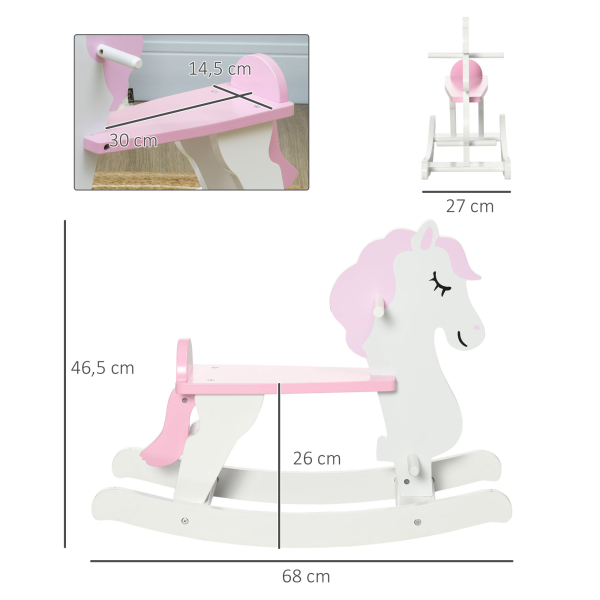 HOMCOM Cavalo Baloiço para Crianças de 1-3 Anos Cavalo Baloiço de Madeira com Guiador e Apoio para os Pés 68x27x46,5cm Branco e Rosa - Image 3
