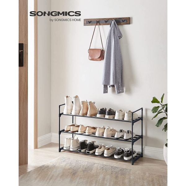 SONGMICS Sapateira de 3 níveis, organizador de sapatos, prateleira de metal, acomoda de 12 a 15 pares de sapatos, prateleira empilhável para sapatos, para corredor, sala de estar, quarto, vestiário, 30 x 92 x 54 cm, preto LSA13BKV1 - Image 2