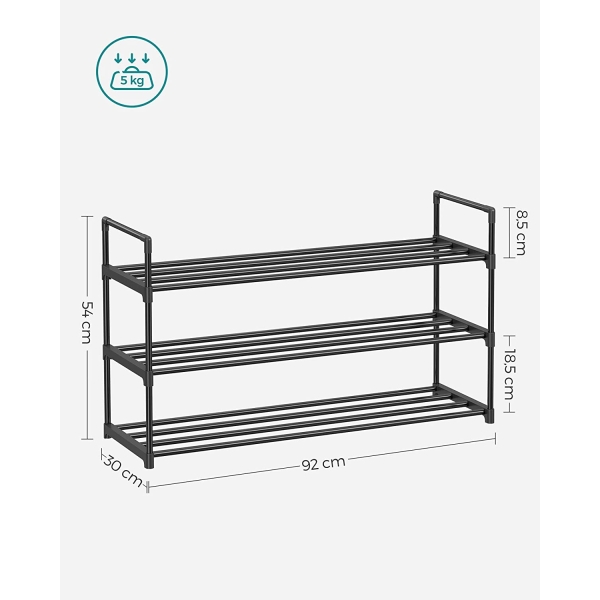 SONGMICS Sapateira de 3 níveis, organizador de sapatos, prateleira de metal, acomoda de 12 a 15 pares de sapatos, prateleira empilhável para sapatos, para corredor, sala de estar, quarto, vestiário, 30 x 92 x 54 cm, preto LSA13BKV1 - Image 3