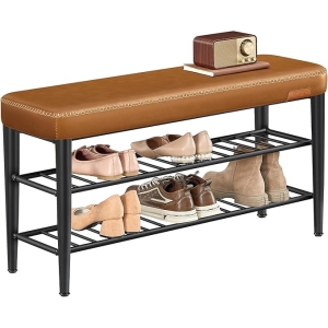 Coleção VASAGLE EKHO - Banco para sapatos, assento, área de entrada, couro sintético, costuras, estilo moderno de meados do século, moderno, carga máxima de 135 kg, 30 x 100 x 50 cm, marrom caramelo LSB113K01