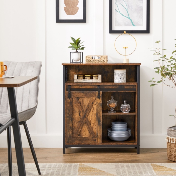 Armário de armazenamento VASAGLE, armário com porta de correr estilo celeiro, compartimento aberto, prateleira ajustável, industrial, para corredor, sala de estar, cozinha, escritório, marrom rústico e preto LSC089B01 - Image 2