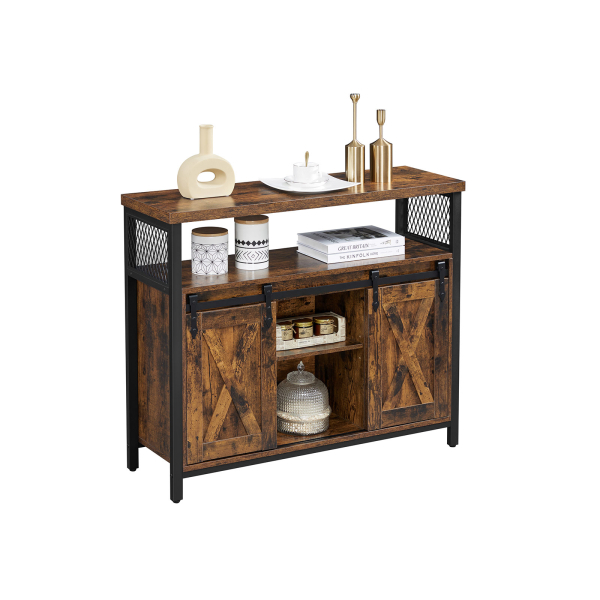 Aparador de jantar VASAGLE, armário de cozinha, armário de armazenamento, mesa de bufê com portas de correr estilo celeiro, prateleira ajustável, industrial, para sala de estar, marrom rústico e preto LSC092B01 - Image 2