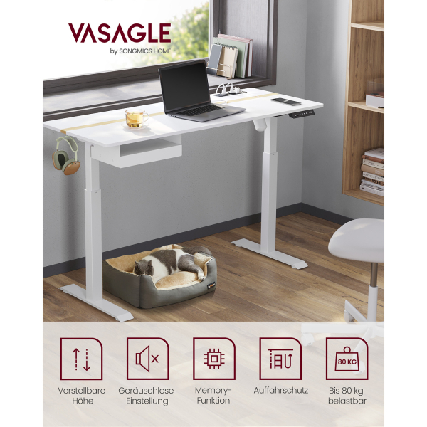 Mesa elétrica ajustável em altura VASAGLE com tomada e gaveta, 60 x 140 cm, superfície da mesa continuamente ajustável com função de memória e 4 alturas, branca LSD114W01 - Image 2