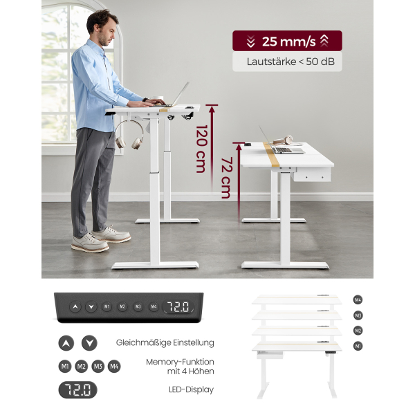 Mesa elétrica ajustável em altura VASAGLE com tomada e gaveta, 60 x 140 cm, superfície da mesa continuamente ajustável com função de memória e 4 alturas, branca LSD114W01 - Image 3