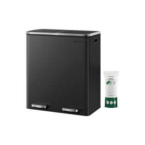 Lixeira dupla SONGMICS, 2 lixeiras de cozinha de 30L para resíduos e reciclagem com 15 sacos de lixo, lixeira de pedal de metal, baldes internos de plástico e tampas articuladas, alças, fechamento suave, hermético, preto LTB60BK