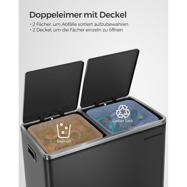 Lixeira dupla SONGMICS, 2 lixeiras de cozinha de 30L para resíduos e reciclagem com 15 sacos de lixo, lixeira de pedal de metal, baldes internos de plástico e tampas articuladas, alças, fechamento suave, hermético, preto LTB60BK - Image 3