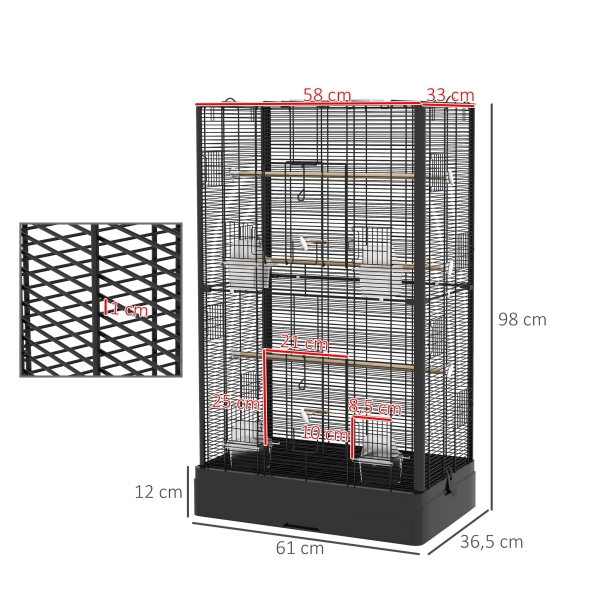 PawHut Gaiola para Pássaros 61x36,5x98 cm com Portas Poleiros Bandeja Removível e Alças para Canários Periquitos Preto - Image 3