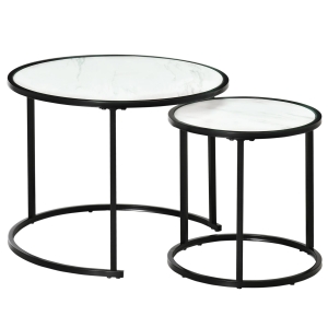 HOMCOM Conjunto de 2 Mesas Auxiliares Redondas Empilháveis Mesa de Centro Modernas com Bancada em Efeito de Mármore e Estrutura de Aço Ø60x46cm e Ø40x40cm Branco
