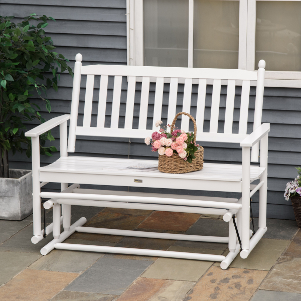 Outsunny Banco Baloiço de Jardim de 2 Lugares Banco Baloiço de Madeira com Apoio para os Braços e Encosto de Ripas para Terraço Exterior Carga 250kg 125x68,5x102cm Branco - Image 2