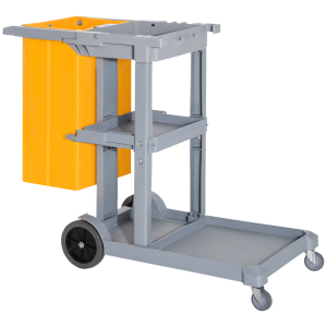 HOMCOM Carro de Limpeza com Bolsa de 100L Carro de Limpeza Profissional com 3 Prateleiras e Plataforma 121x50,5x96,5 cm Cinza e Amarelo