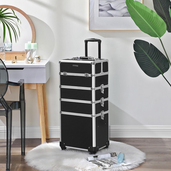 Estojo de maquiagem profissional SONGMICS, carrinho de beleza de viagem 4 em 1, carrinho grande para cosméticos para cabeleireiros, estojo de maquiagem com rodinhas e trava com rodinhas universais de 360 ​​graus, preto JHZ11BK - Image 3