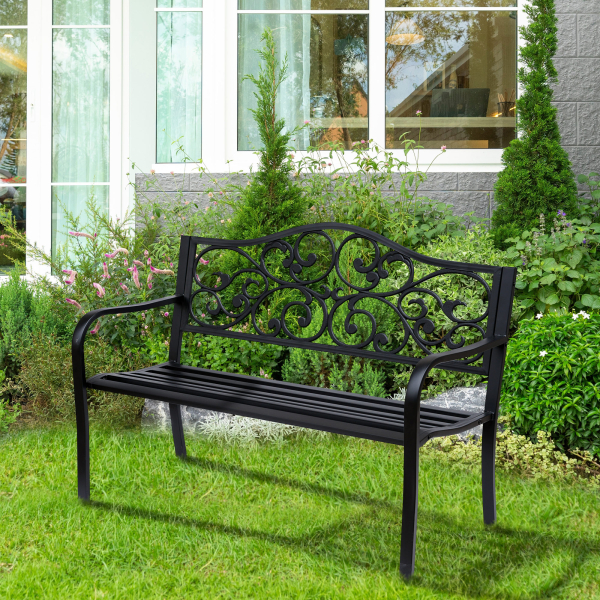 Outsunny Banco de Jardim de Aço Banco de Exterior com Encosto e Apoio para os Braços para Pátio Varanda 127x60x89 cm Preto - Image 2