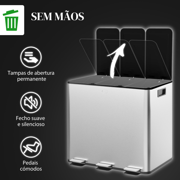 HOMCOM Balde de Lixo de Cozinha com 3 Compartimentos 3x15L com Pedais Tampas com Fechamento Suave e Cubo Amovível Prata - Image 6