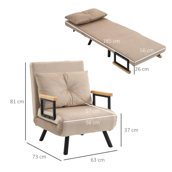 HOMCOM Poltrona Convertível em Cama Poltrona 3 em 1 Convertível em Cama com Encosto Ajustável em 5 Níveis 63x73x81 cm Bege - Image 3