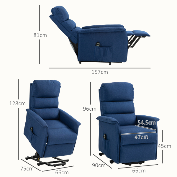 HOMCOM Poltrona Relax Reclinável Elétrica Poltrona Levanta Pessoas com Controlo Remoto e Bolso Lateral 66x90x96 cm Azul - Image 3