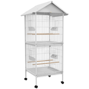 PawHut Gaiola para Pássaros 2 em 1 com 2 Andares Rodas 4 Comedouros 4 Poleiros e Bandejas Amovíveis  78x75x168 cm Branco