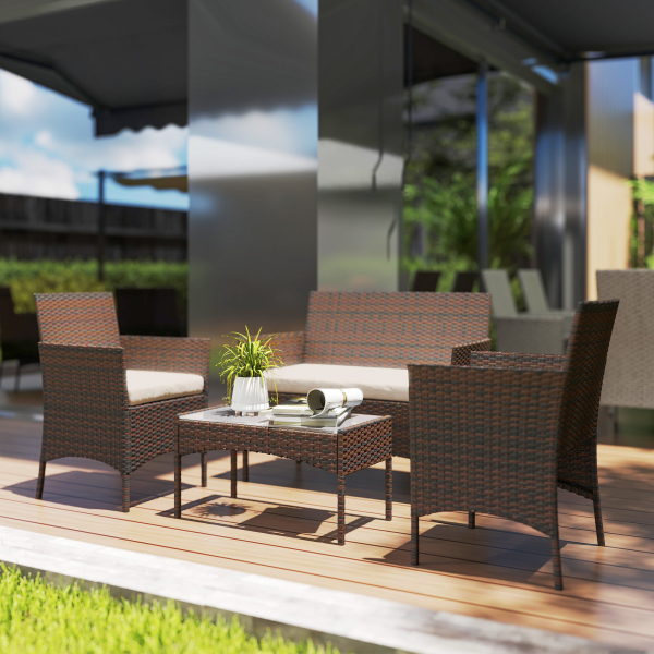 Outsunny Conjunto de Jardim em Vime com Almofadas Móveis de Exterior com 2 Poltronas Sofá de 2 Lugares Mesa com Vidro Marrom e Bege - Image 2