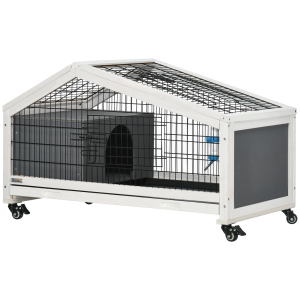 PawHut Coelheira de Madeira com Rodas Gaiola para Coelhos com Bandeja Amovível e Bebedouro 90x53x55 cm Cinza Escuro