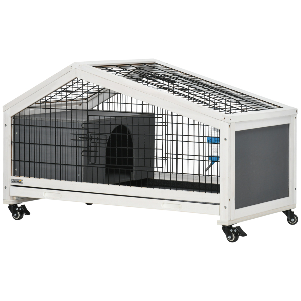 PawHut Coelheira de Madeira com Rodas Gaiola para Coelhos com Bandeja Amovível e Bebedouro 90x53x55 cm Cinza Escuro