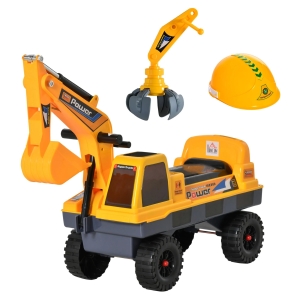 HOMCOM Escavadora Infantil sem Pedais para Crianças de 2-3 anos Carro Andador com Pá Pinça de Agarrar Luzes Música e Armazenamento Oculto 90x28x58cm Amarelo